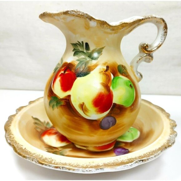 Vintage Ardco Hand Painted Harvest Fruit Gold Trim Pitcher With Bowl C2101 - Picture 1 of 10